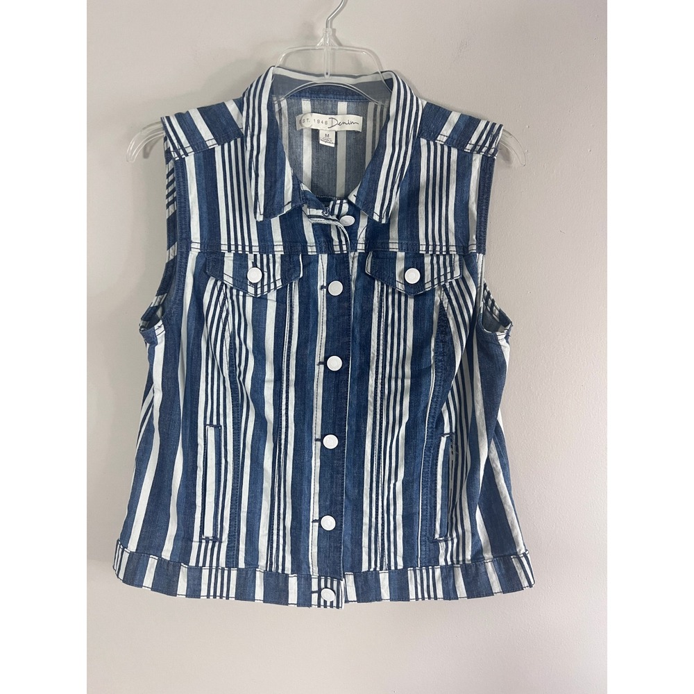 Cato Denim Vest Blue White Striped Sleeveless Button Front Jacket Medium